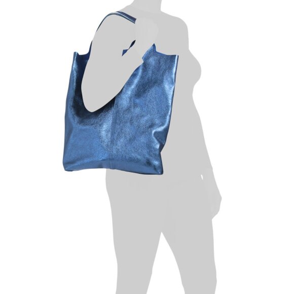 MARLON Blue Made In Italy Leather Row Cut Slouchy Hobo Metallic - Picture 2 of 2